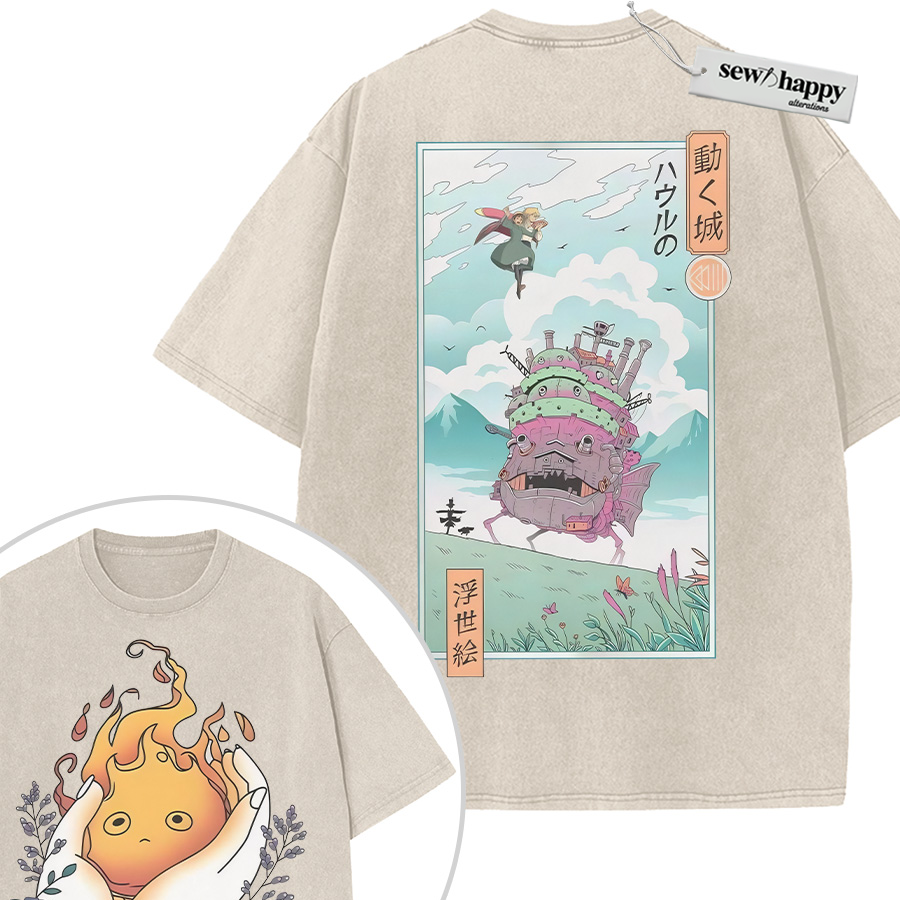 Wash Tee Calcifer Shirt, Howl’s Moving Castle Shirt, Studio Ghibli Shirt, Anime Shirt, Vintage Tee 2-Sided