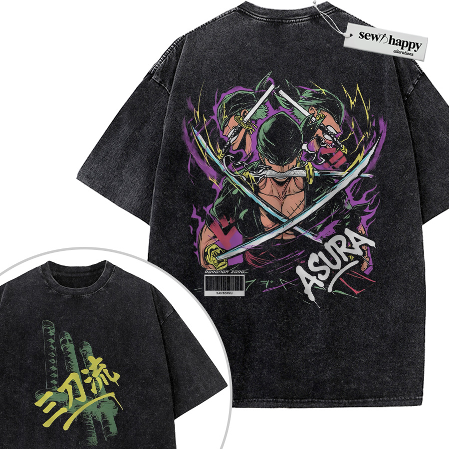 Wash Tee Roronoa Zoro Shirt, One Piece Shirt, Anime Shirt, Vintage T-Shirt 2-Sided