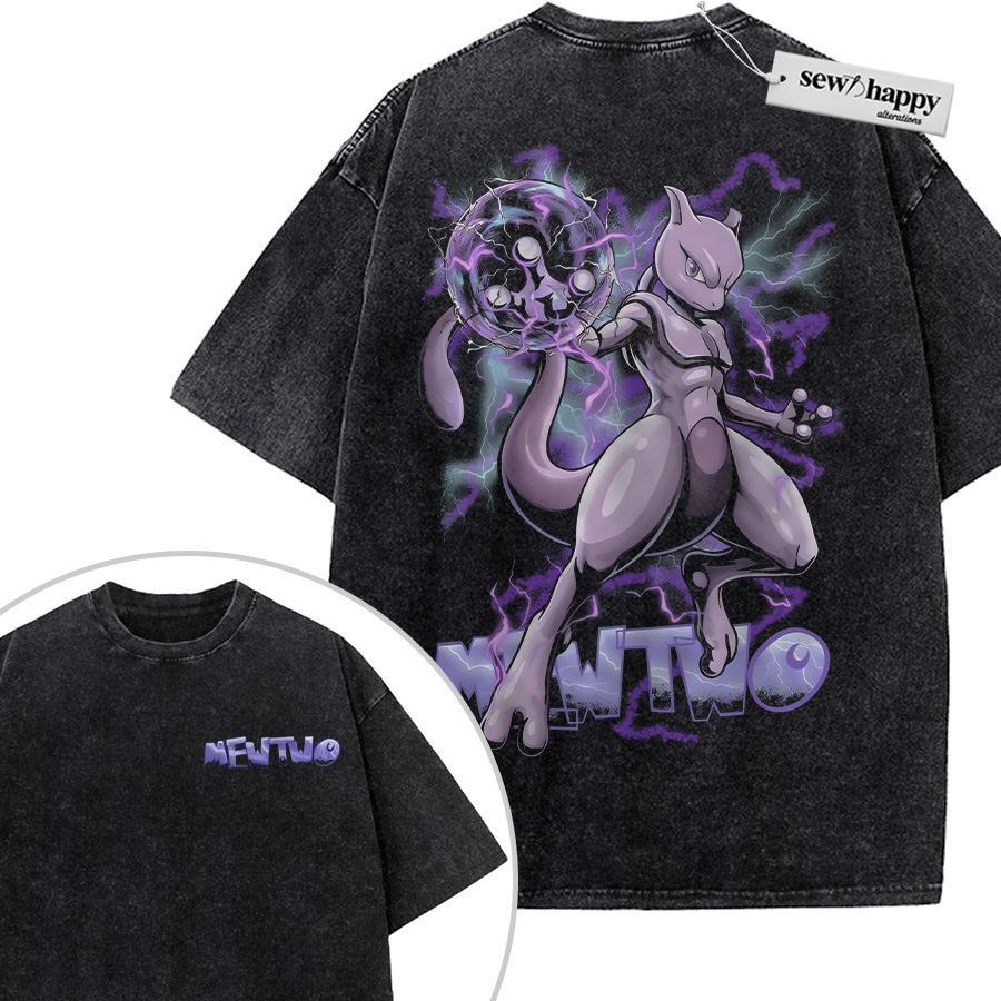Wash Tee Mewtwo Shirt, Pokemon Shirt, Anime Shirt, Vintage T-Shirt 2-Sided