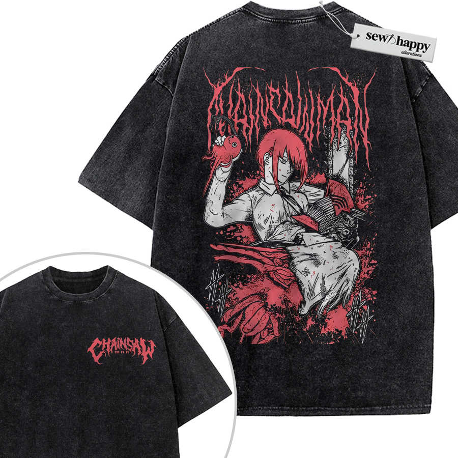 Wash Tee Makima Shirt, Denji Shirt, Chainsaw Man Shirt, Anime Shirt, Vintage Tee 2-Sided