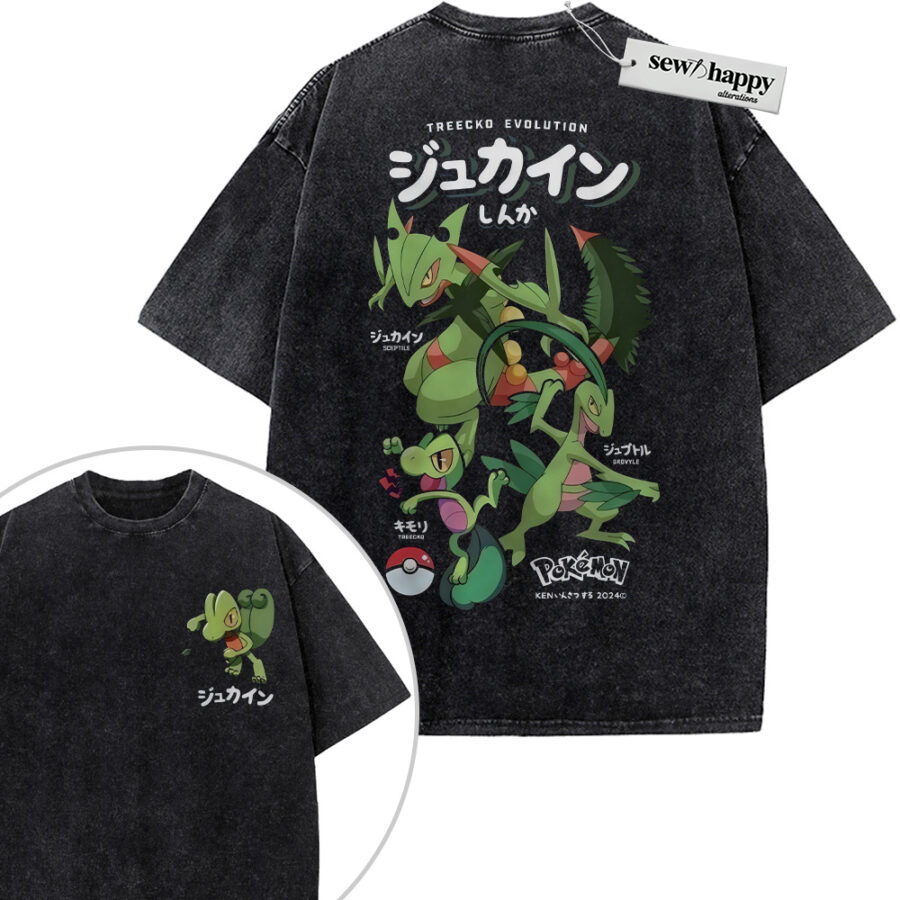 Wash Tee Sceptile Grovyle and Treecko Shirt, Pokemon Shirt, Anime Shirt, Vintage Tee 2-Sided