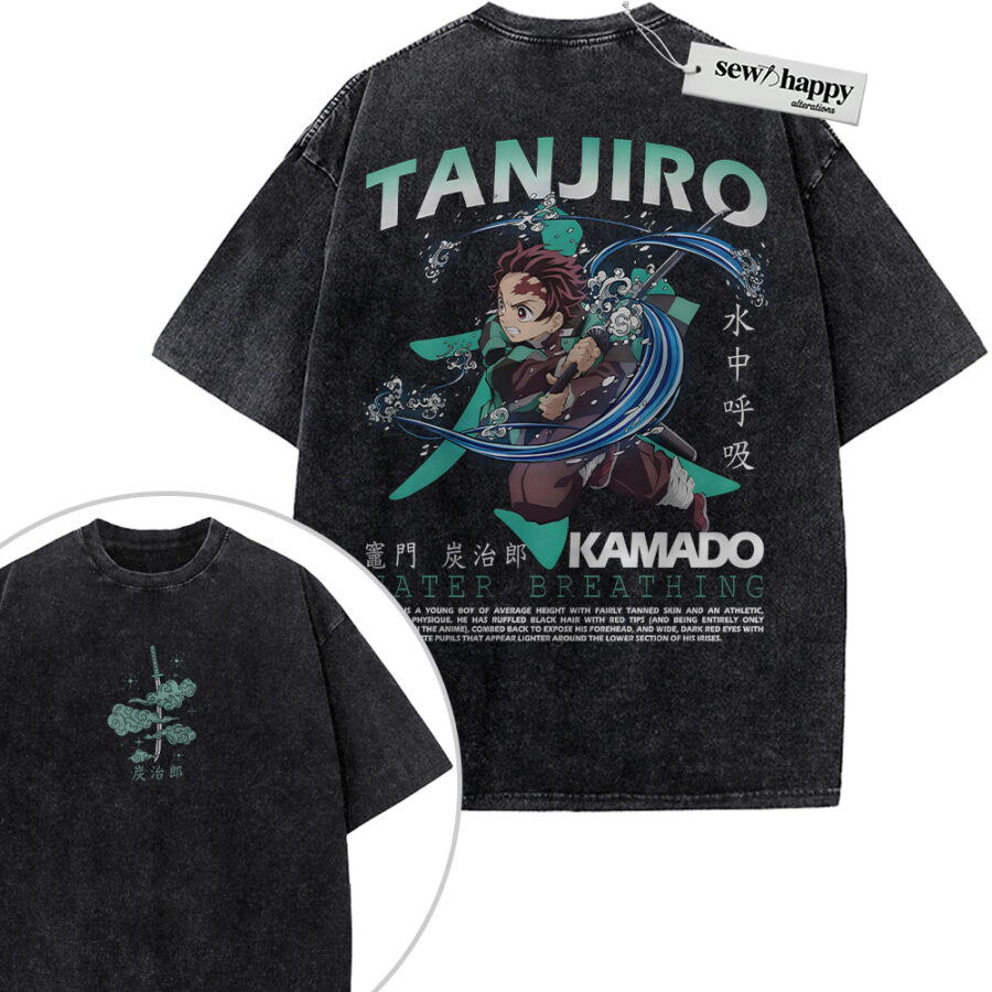 Wash Tee Tanjiro Kamado Shirt, Demon Slayer Shirt, Anime Shirt, Vintage T-Shirt 2-Sided