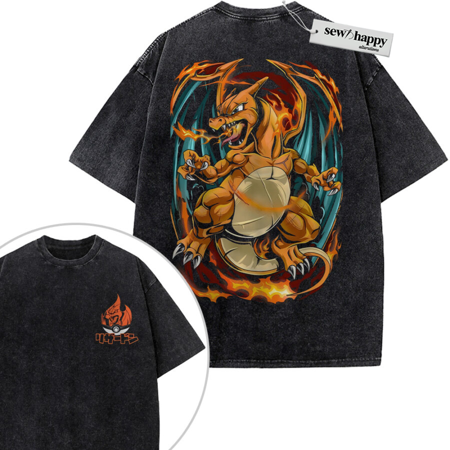 Wash Tee Charizard Shirt, Pokemon Shirt, Anime Shirt, Vintage T-Shirt 2-Sided