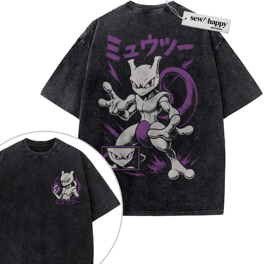 Wash Tee Mewtwo Shirt, Pokemon Shirt, Anime Shirt, Vintage Tee 2-Sided