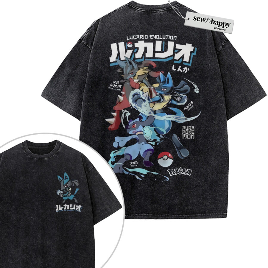 Wash Tee Lucario Shirt, Riolu Shirt, Pokemon Shirt, Anime Shirt, Vintage Tee 2-Sided